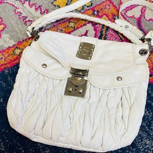 Miu Miu White Leather Pleated Shoulder Bag with Silver Hardware